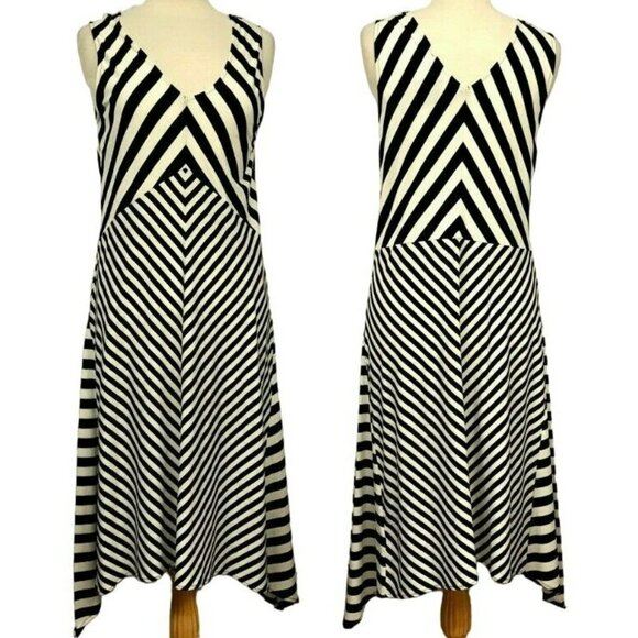 Jones New York Chevron Stripe A-Line Black & Ivory Midi Dress Longer Sides M NEW - Picture 1 of 8